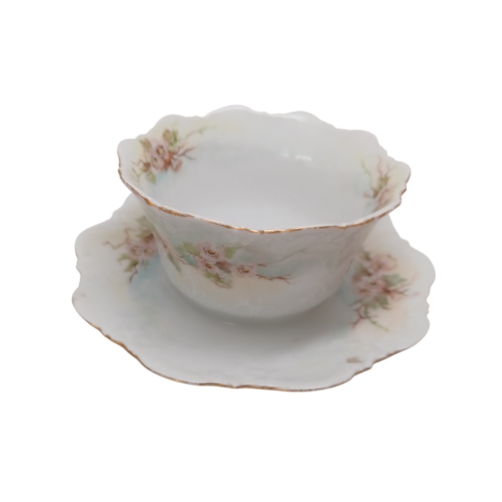 Antique AK France Limoges Porcelain Bowl Pink Floral Gold Rim Attached to Plate
